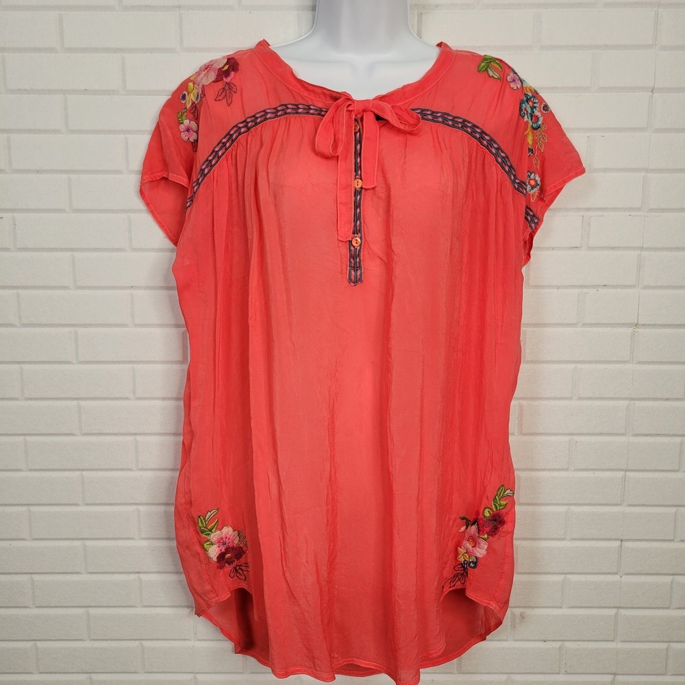 Johnny Was Embroidered Tunic Top Sheer  Coral Red Sz M boho hippie coastal